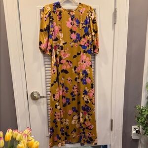 Tyler Boe Mustard Floral Maxi Dress with Pink & Blue Blooms